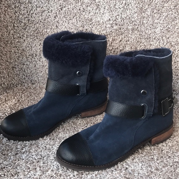 Matt Bernson Women’s Navy Blue Tundra Shearling Lined Moto Mid Boot size 8.5 - Picture 1 of 16